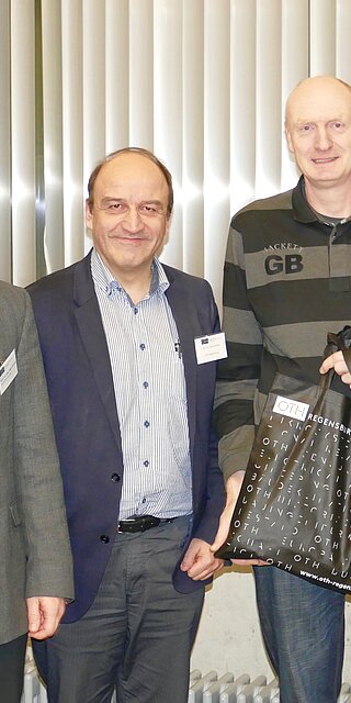 Beim 13. Technik-Kolloquium im Januar 2019 an der OTH Regensburg. Von links: Prof. Dr. Thomas Lex, Prof. Dr. Ingo Ehrlich, Prof. Dr. Ulrich Briem und die Referenten Martin Rittmeister und Dr. Franz Malcher von der Firma Linde Engineering.