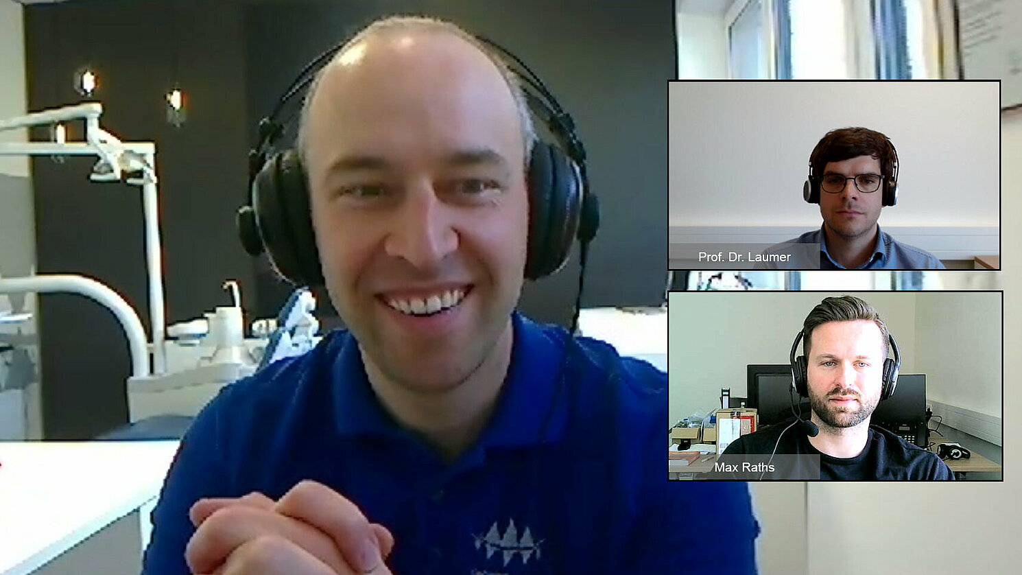 In seinem Gastvortrag stellte Dr. Andreas Detterbeck (links) den Teilnehmenden, darunter auch Prof. Dr. Tobias Laumer (rechts oben) sowie der wissenschaftliche Mitarbeiter Max Raths (rechts unten), den Einsatz von additiver Fertigung in der Kieferorthopädie vor.