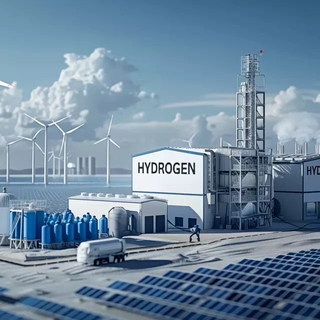 Wasserstoffkraftwerk mit Windräder und Solarmodulen im Vorder-/Hintergrund