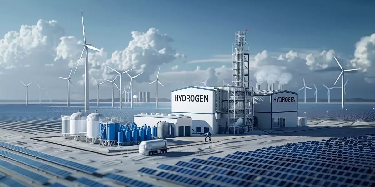 Wasserstoffkraftwerk mit Windräder und Solarmodulen im Vorder-/Hintergrund
