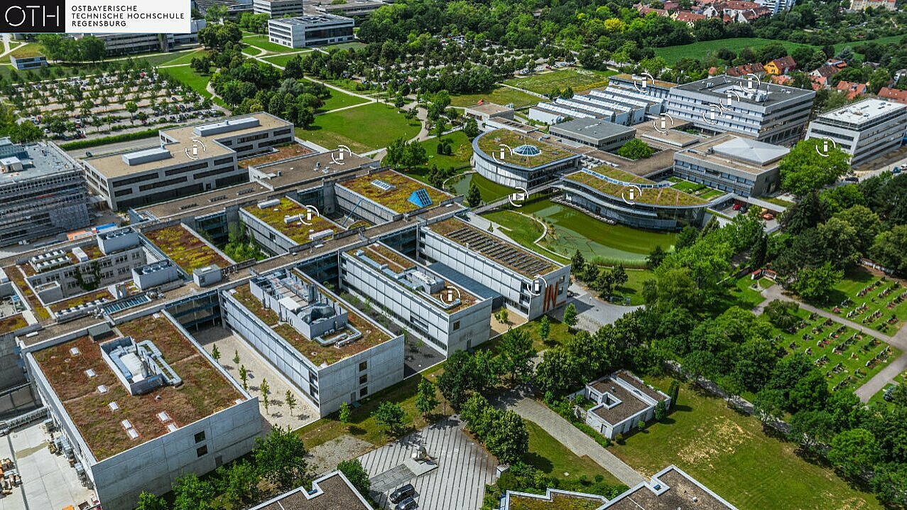 In einer virtuellen 360°-Panoramatour können Nutzer*innen die OTH Regensburg interaktiv erleben.