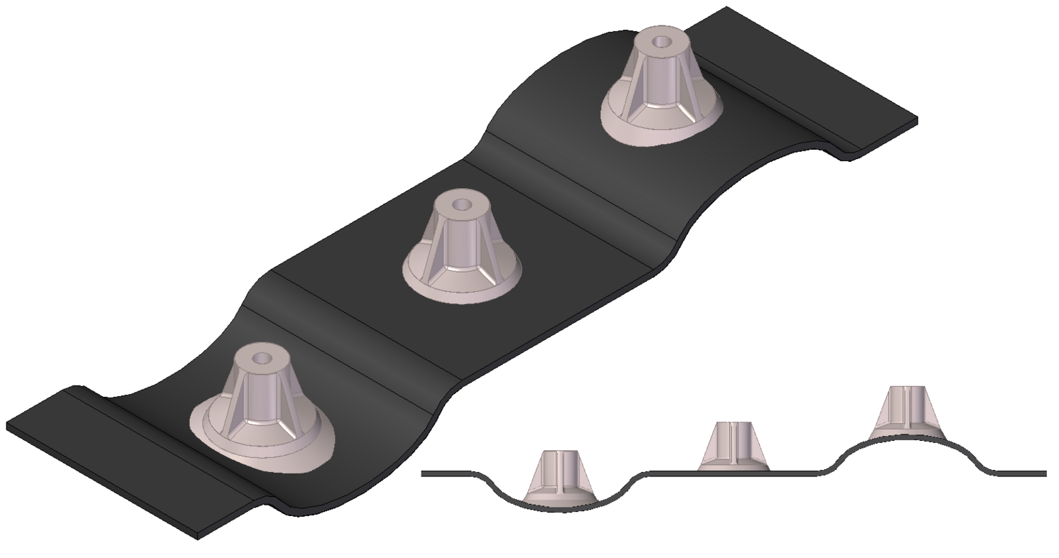 Abstrahierte Referenzgeometrie: Primärstruktur mit konkaver Krümmung, ebener Fläche und konvexer Krümmung sowie Krafteinleitungselementen.